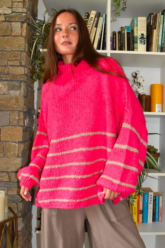 Big Softie Stripe Funnel Grunge Knit Hot Pink